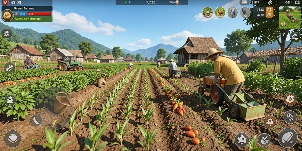 Screenshot gameplay 62IDN menampilkan aktivitas bertani yang seru.
