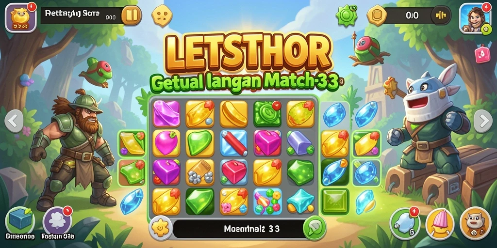 Screenshot utama LETSTHOR menampilkan gameplay seru dalam pencocokan permata.