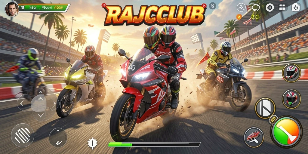 Gameplay seru RAJACLUB menampilkan balapan motor yang mendebarkan.