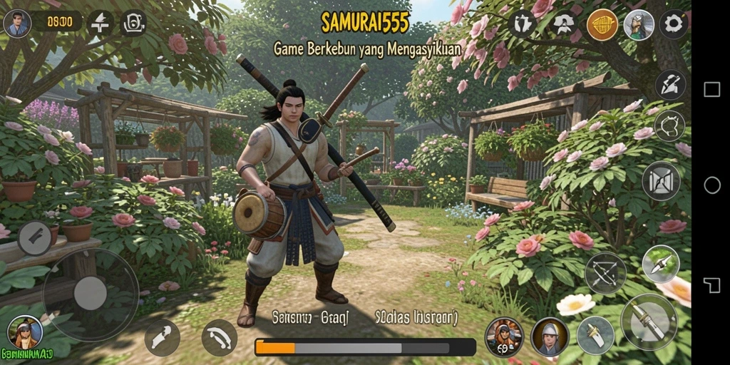 Screenshot gameplay SAMURAI555 menampilkan kebun yang indah dan interaksi seru antar pemain.