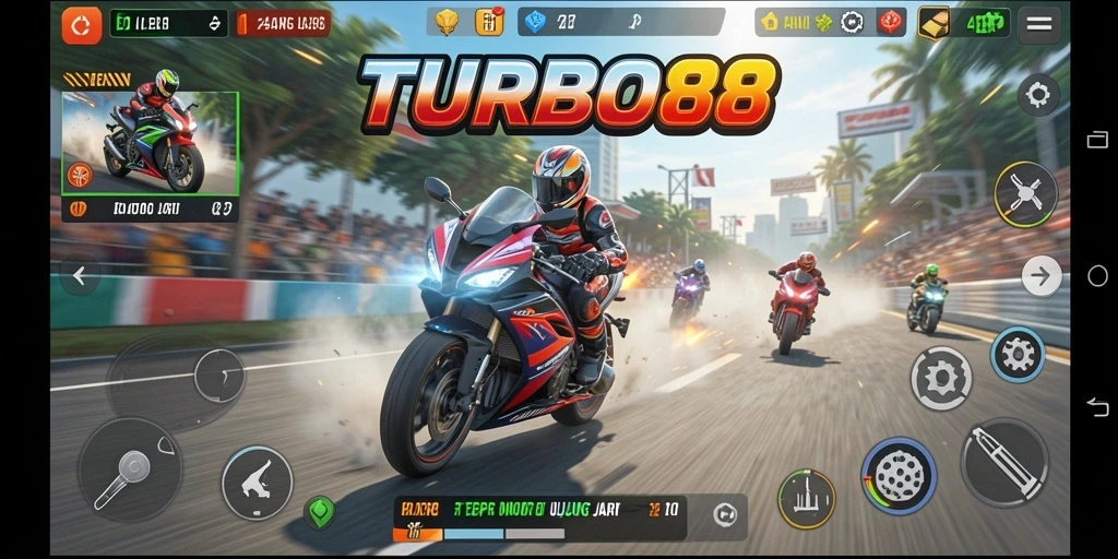 Gameplay TURBO88 yang mendebarkan dalam balapan motor yang seru.