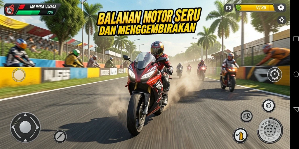 Screenshot utama VT38 menampilkan gameplay balapan motor yang mendebarkan.