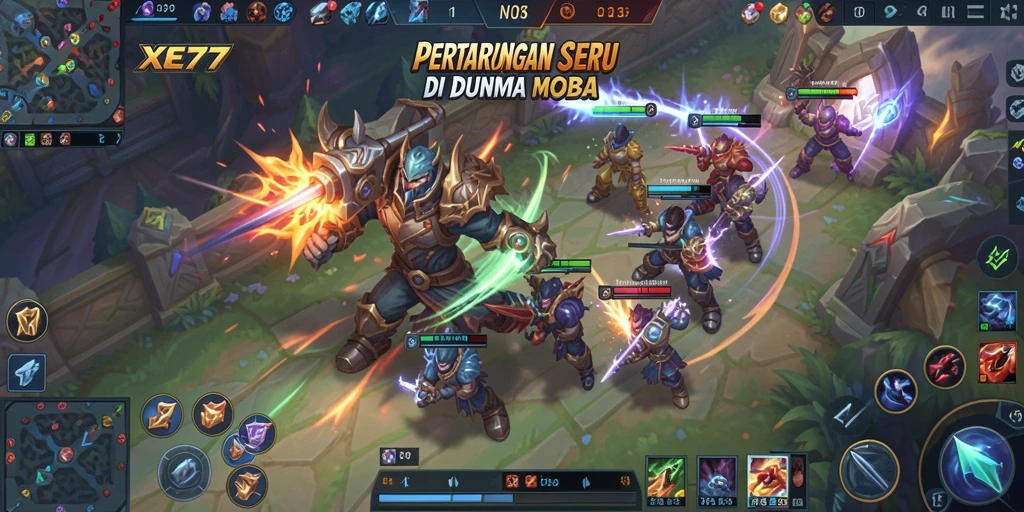 Tampilan aksi seru di game MOBA XE77 dengan pertarungan tim.